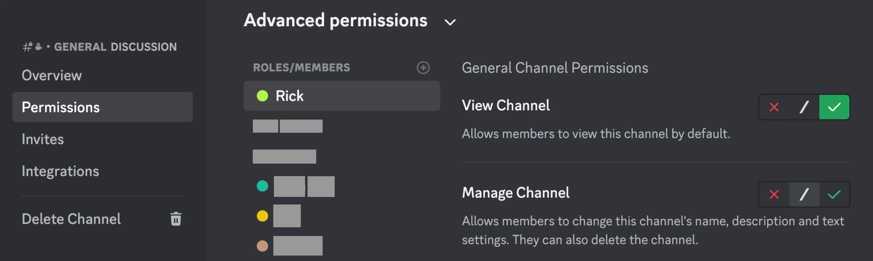 Discord channel permissions with the Rick role selected and View Channel allowed