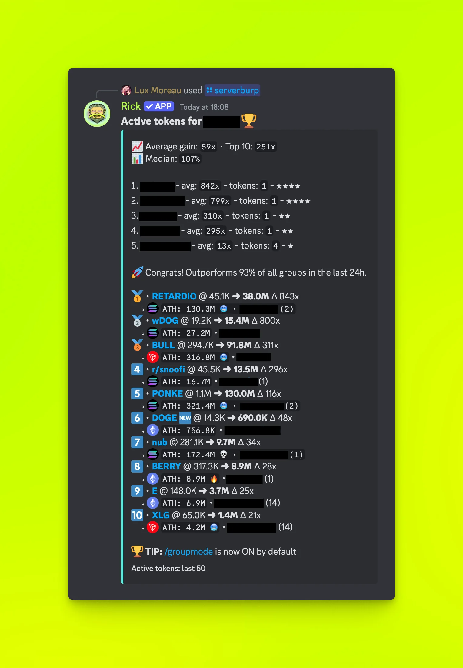 Discord active tokens board listing ten tokens with their FDV when seen, current FDV, multiplier, chain and ATH, ending with Active tokens: last 50