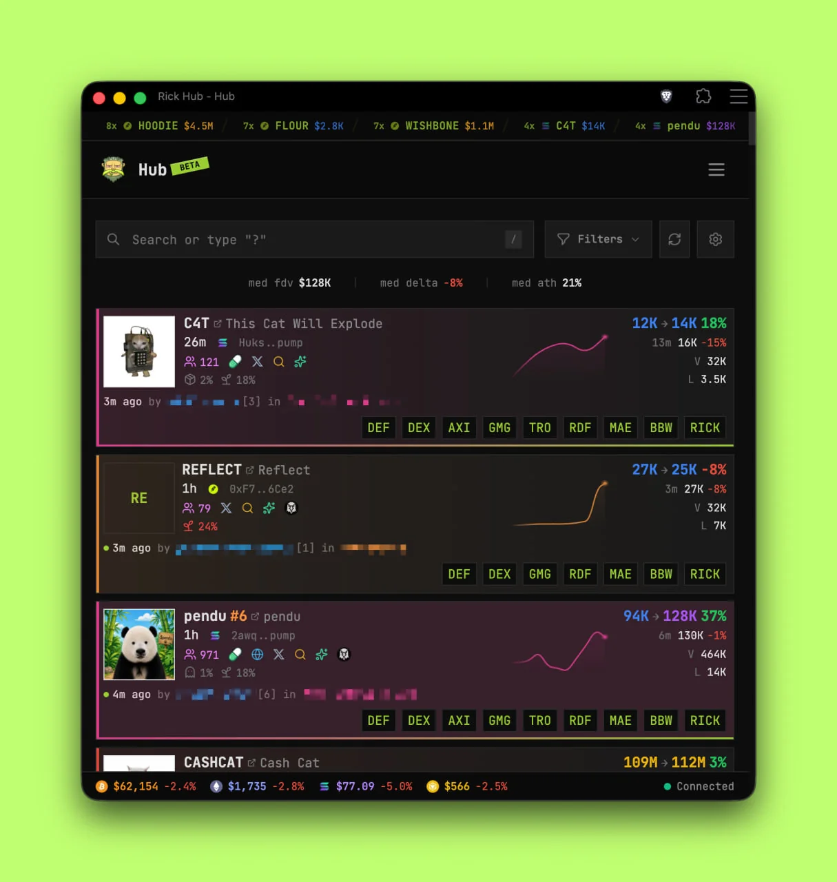 Rick Hub feed on desktop: search bar, filters, and scan cards with FDV, sparkline, holder stats, and quick-buy shortcuts