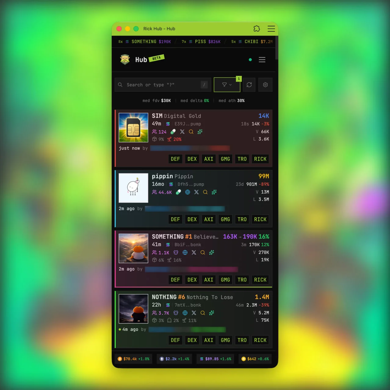 Rick Hub feed on a phone-sized layout with an active filter and scan cards